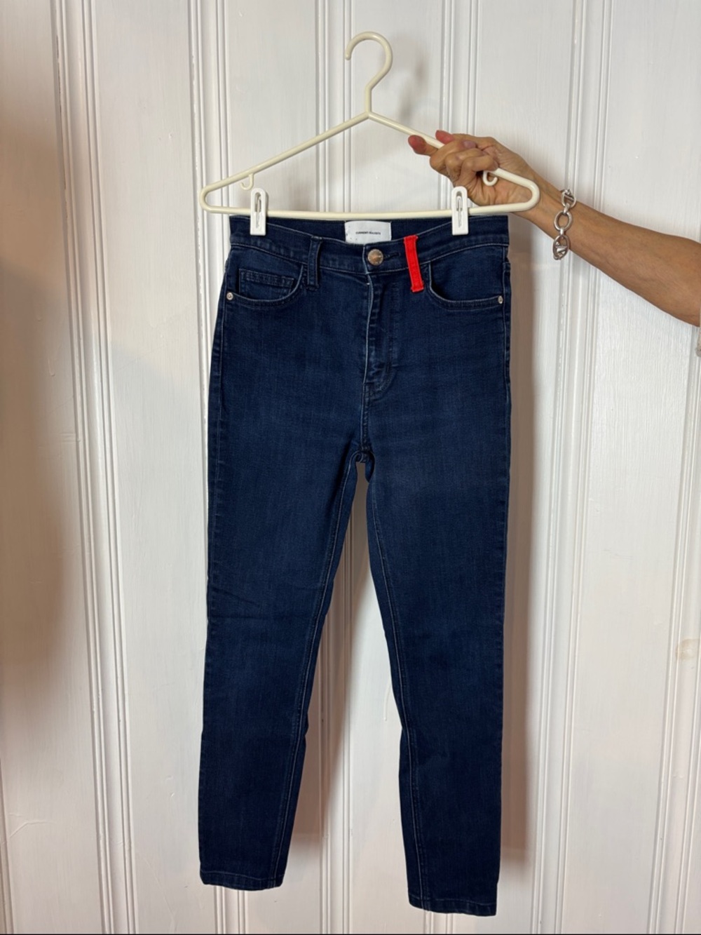 Current/Elliott High Rise Skinny Jeans Dark Wash Red Pocket Colorblock -Size 27
